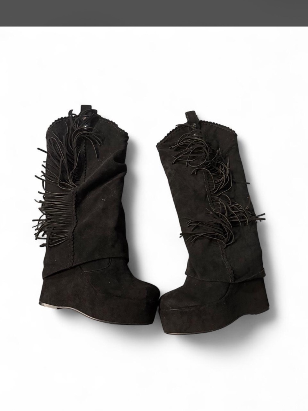 Black Fringe Suede Wedge Boots - Women